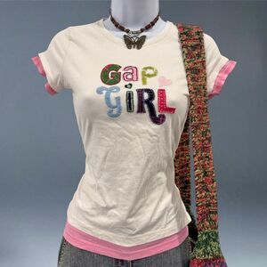 Y2K GAP Kids XL Graphic Tee Embroidered Pink Layered Baby Tee